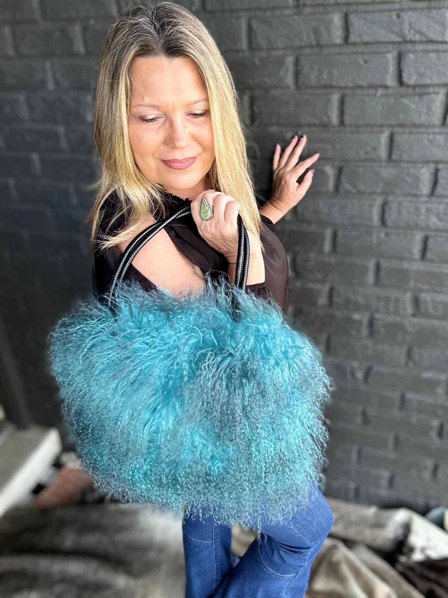 Teal Angora Sheepskin Purse