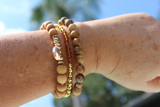 Jasper and Wood Triple Strand Bracelet